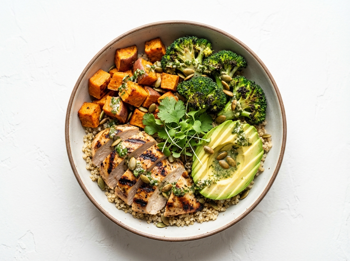Grilled Chicken & Quinoa Bowl with Roasted Sweet Potato, Broccoli & Avocado