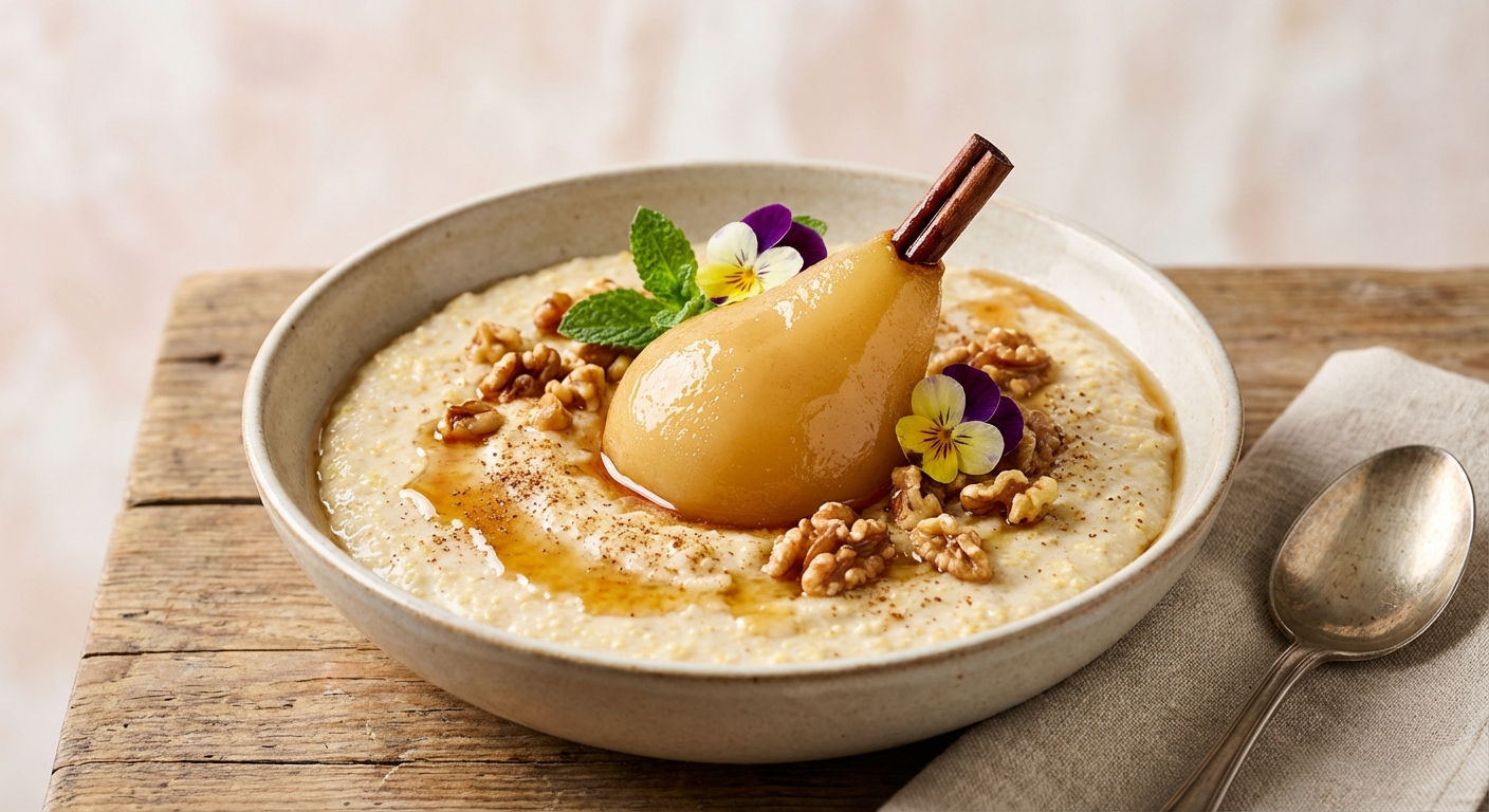 Warm Spiced Millet Porridge with Poached Pear & Toasted Walnuts