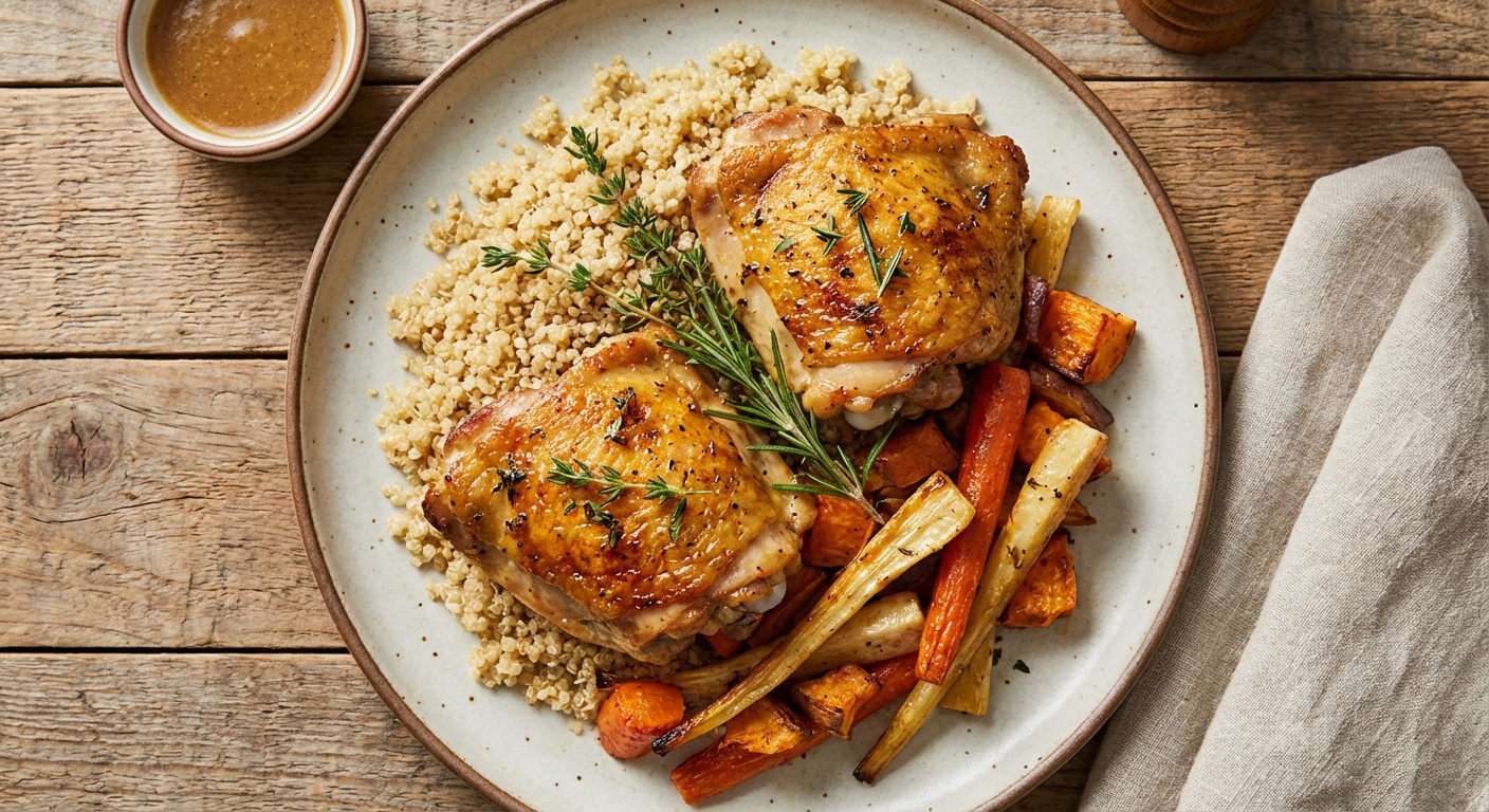 Herb-Roasted Chicken Thighs with Roasted Root Vegetables & Quinoa
