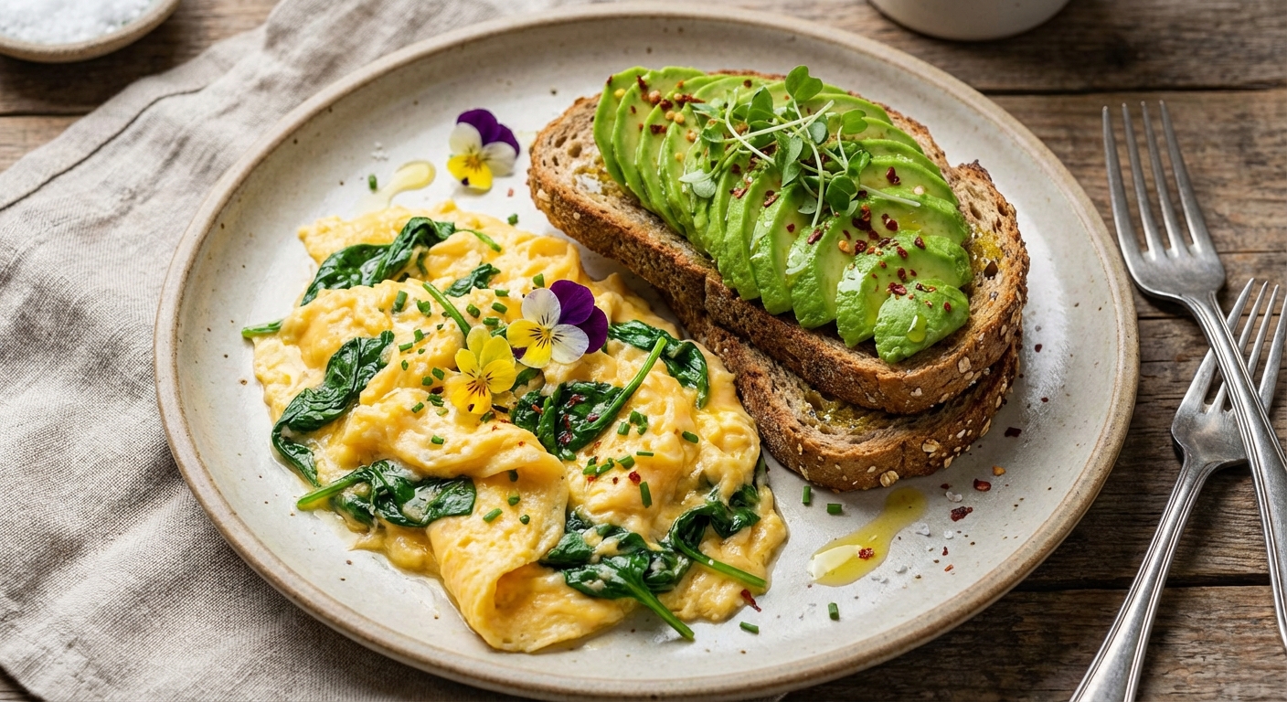 Scrambled Eggs with Spinach and Whole-grain Toast with Avocado