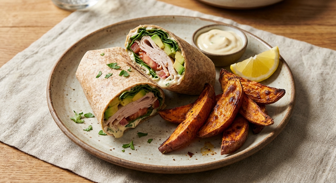 Turkey & Avocado Whole-Wheat Wrap with Roasted Sweet Potato Wedges