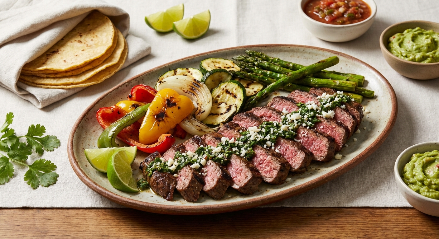 Carne Asada with Grilled Veggies & Warm Corn Tortillas