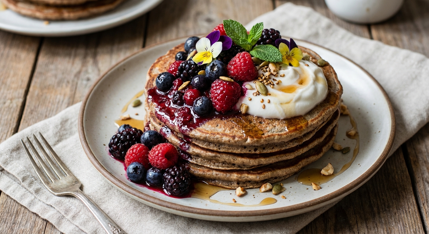 Buckwheat Pancakes with Berry Compote & Coconut Yogurt