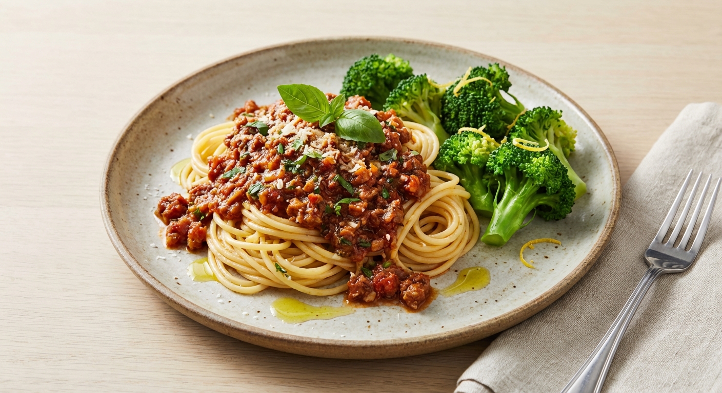 Spaghetti Bolognese with Steamed Broccoli