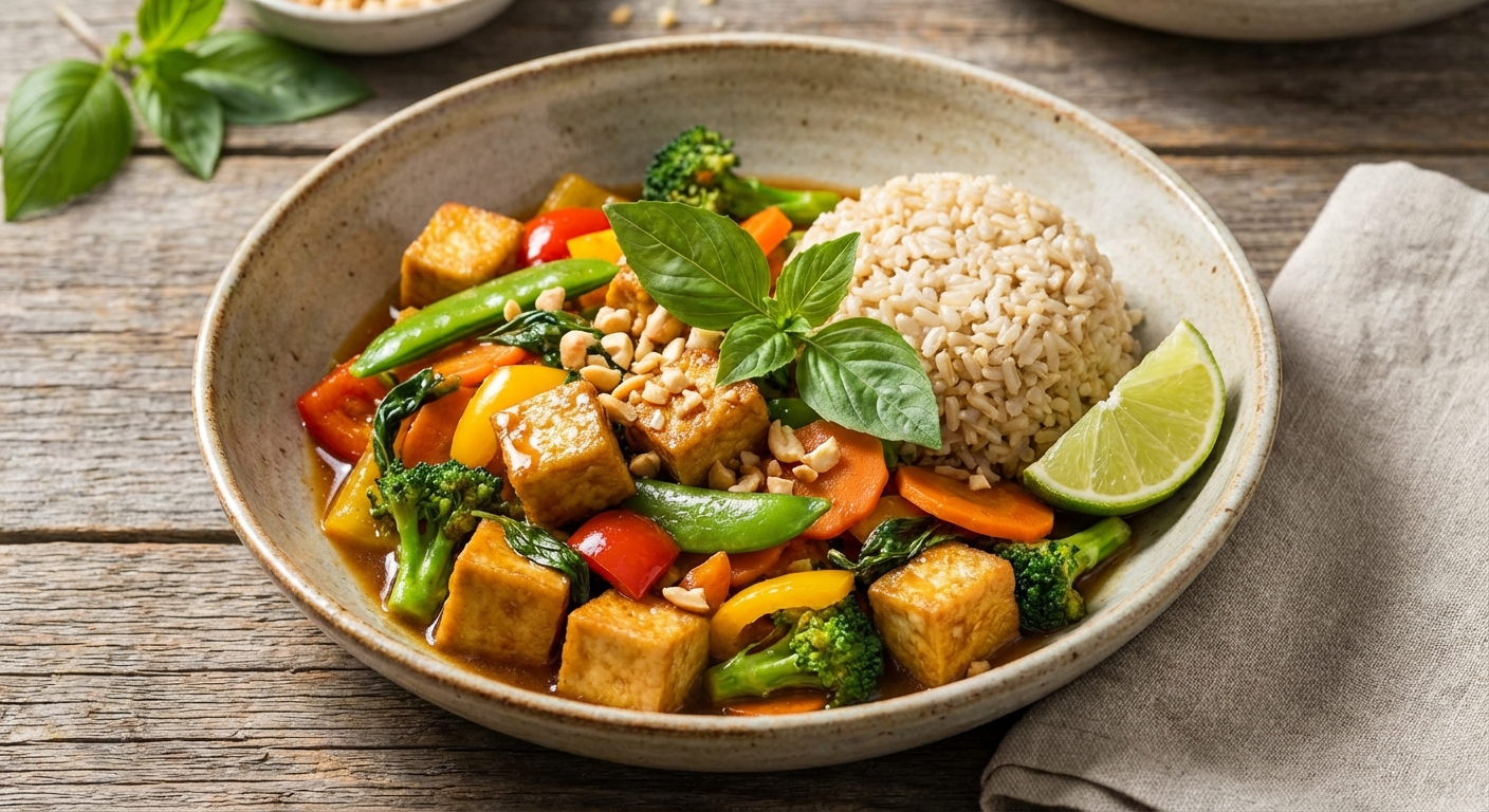 Thai Basil Tofu Stir-Fry with Mixed Vegetables & Brown Rice