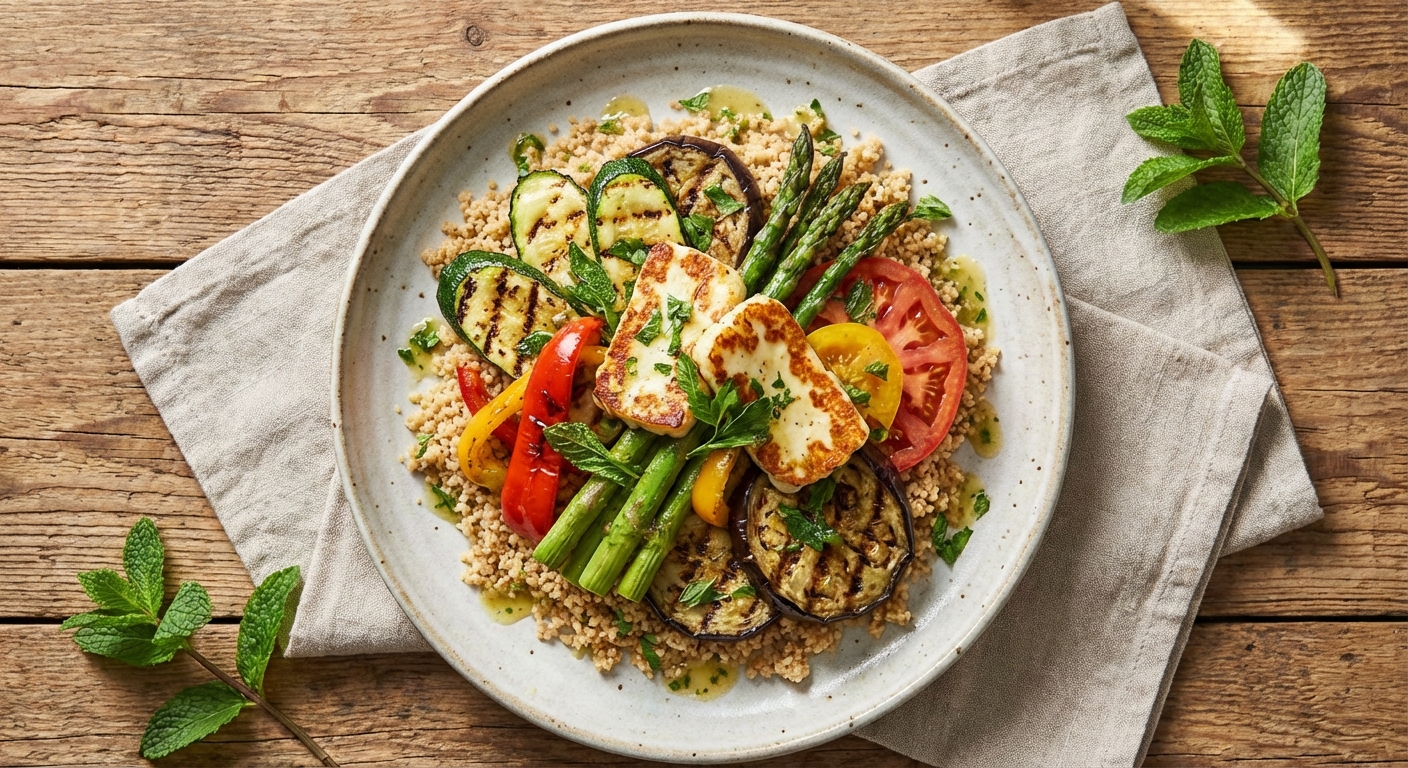 Grilled Vegetable & Halloumi Salad with Lemon‑Mint Whole Wheat Couscous