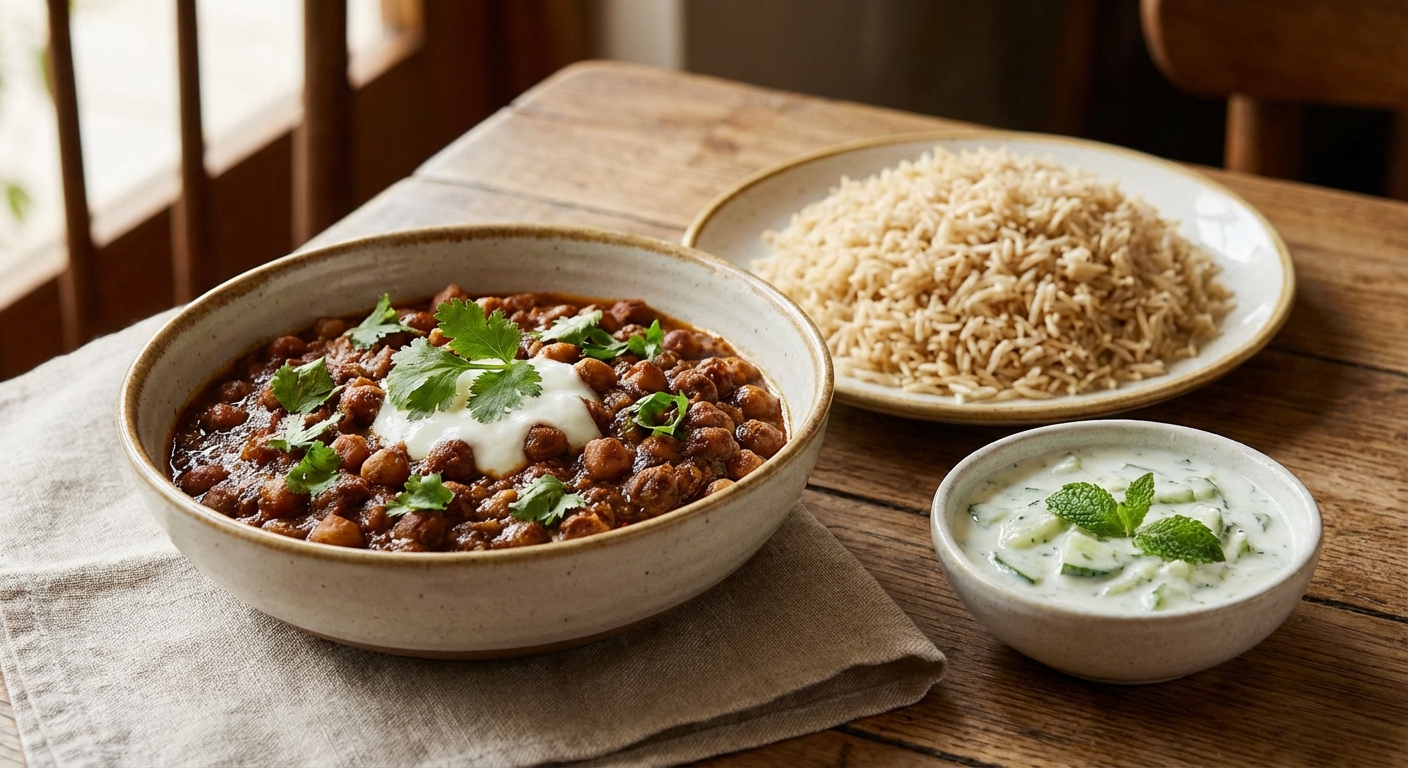 Chana Masala with Brown Basmati Rice & Cucumber Raita