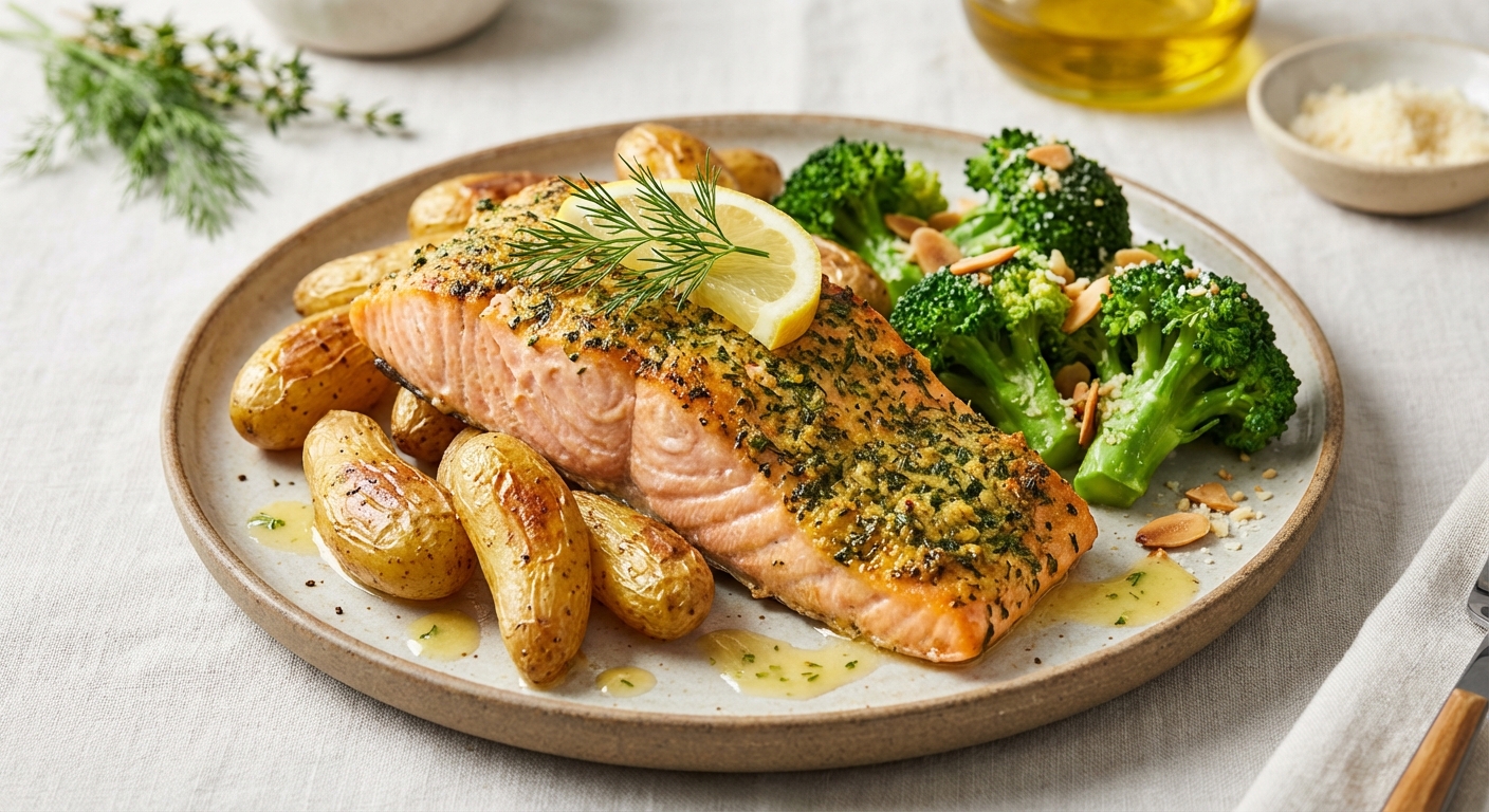 Baked Salmon with Roasted Potatoes & Steamed Broccoli