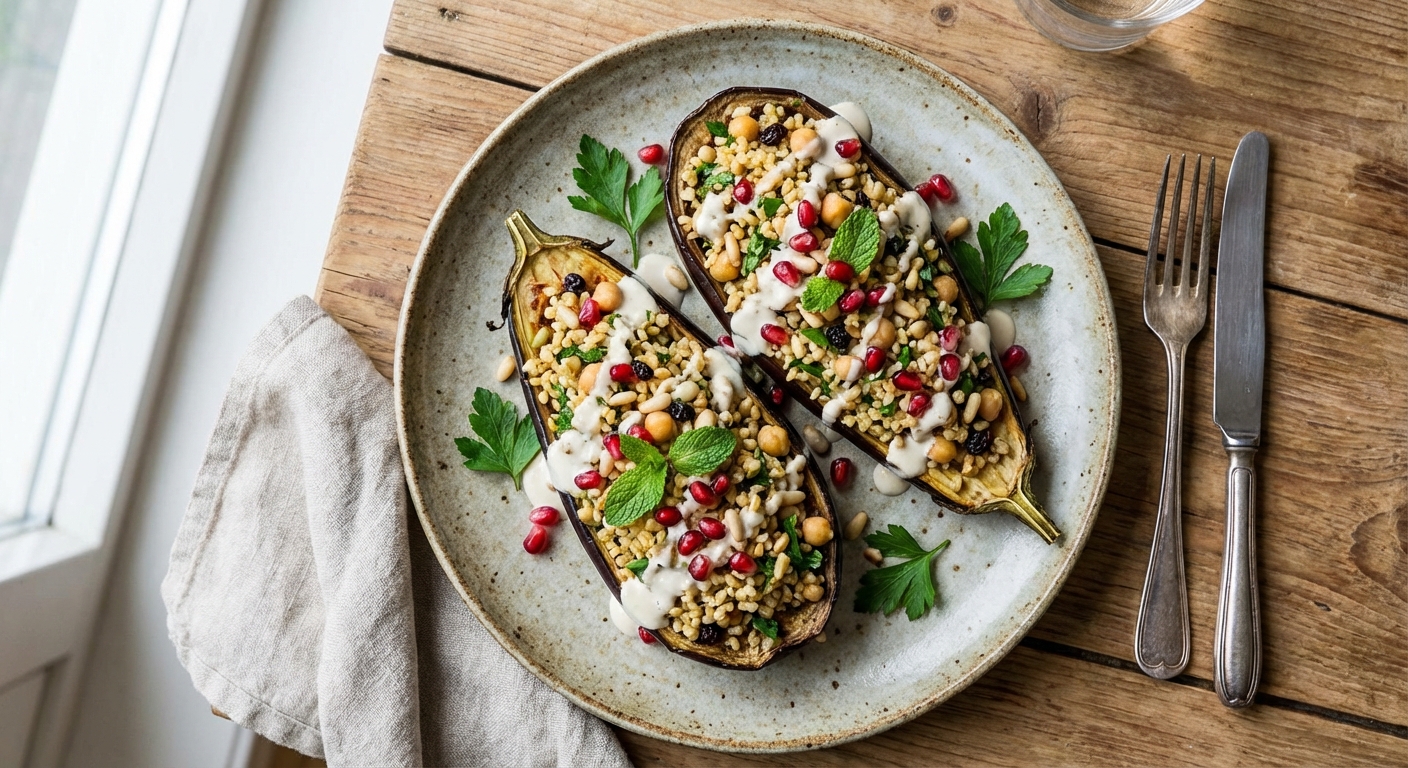 Baked Stuffed Eggplant with Bulgur and Chickpeas