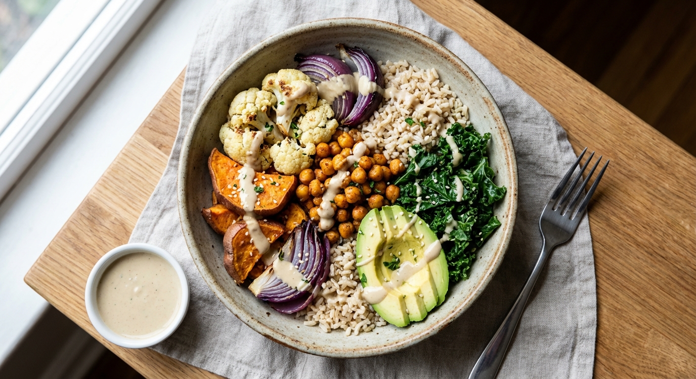 Chickpea & Roasted Vegetable Buddha Bowl with Brown Rice & Tahini Dressing