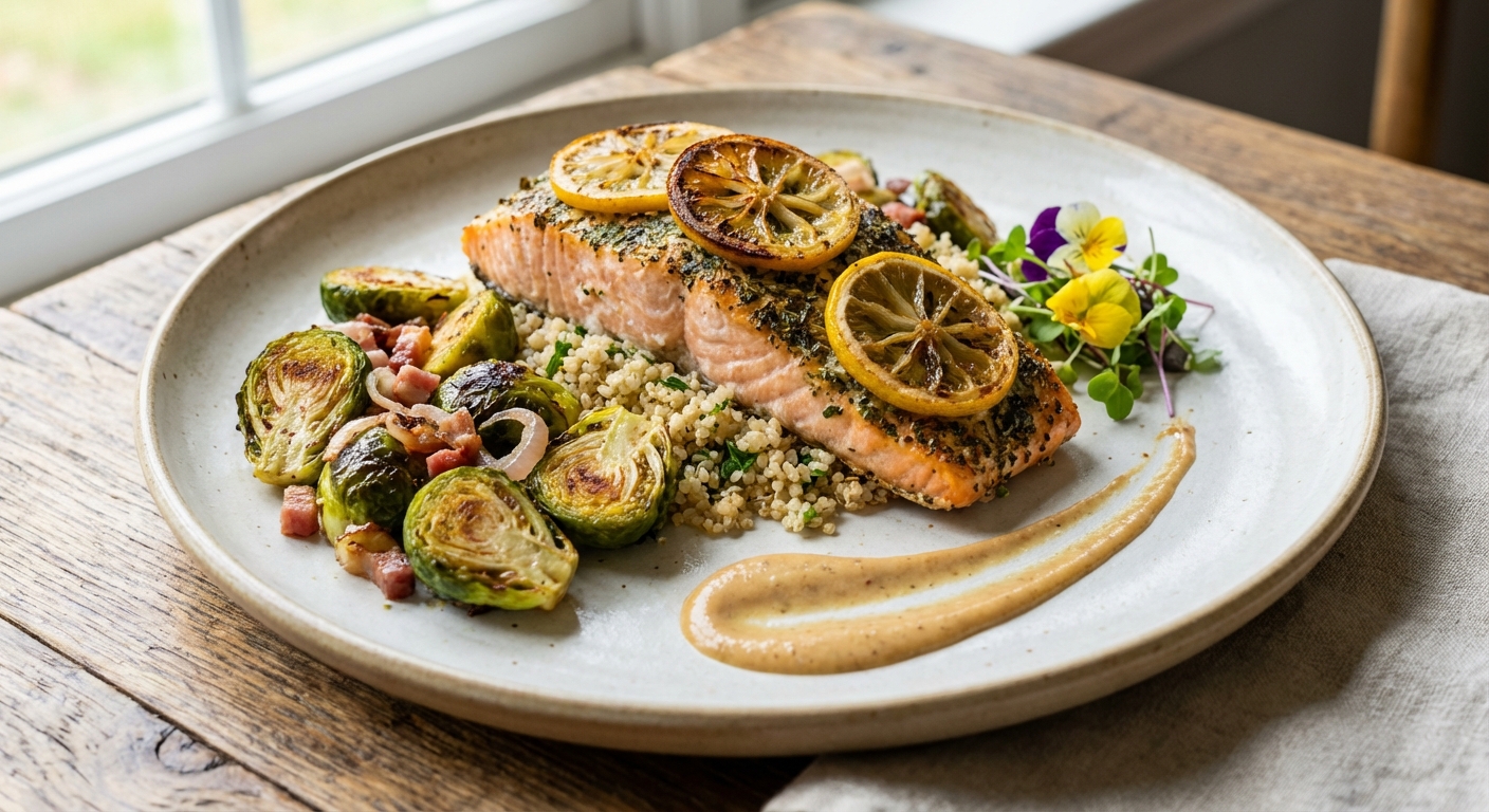 Baked Lemon-Herb Salmon with Quinoa & Roasted Brussels Sprouts