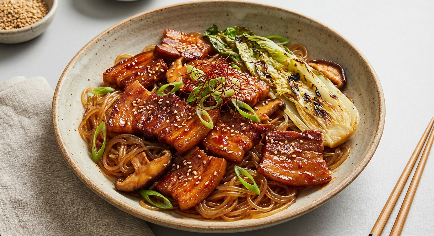 Gochujang‑Honey Pork Stir‑Fry with Sweet Potato Glass Noodles, Charred Napa Cabbage & Shiitake