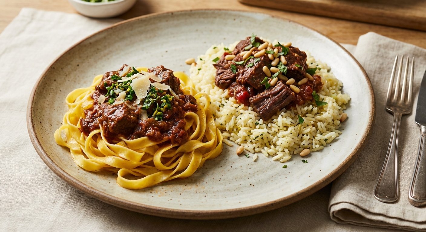 Braised Beef Ragu Two-Ways: Garlic-Butter Tagliatelle & Lemon-Herb Rice