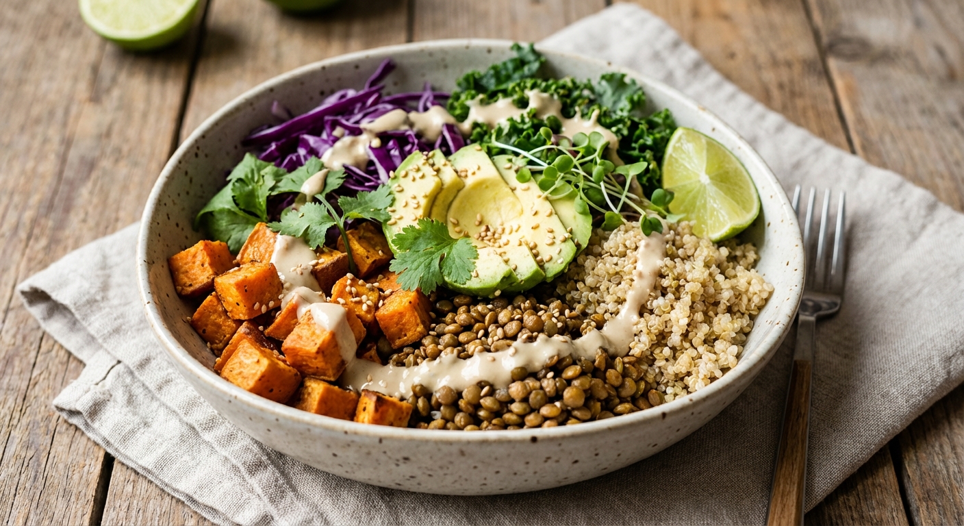 Lentil & Roasted Sweet Potato Buddha Bowl with Quinoa & Tahini