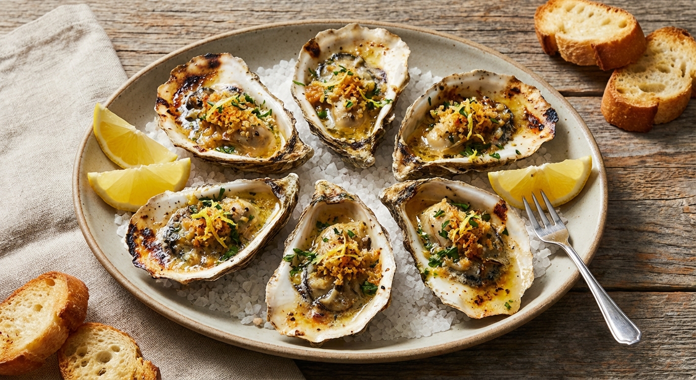 Broiled Gulf-Style Oysters with Charred Pepper-Onion Garlic Butter and Crispy Breadcrumbs