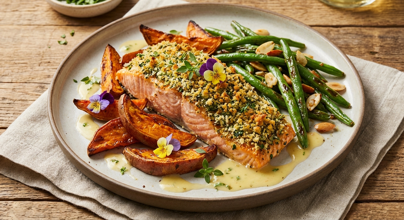 Herb-Crusted Baked Salmon with Roasted Sweet Potato & Sautéed Green Beans