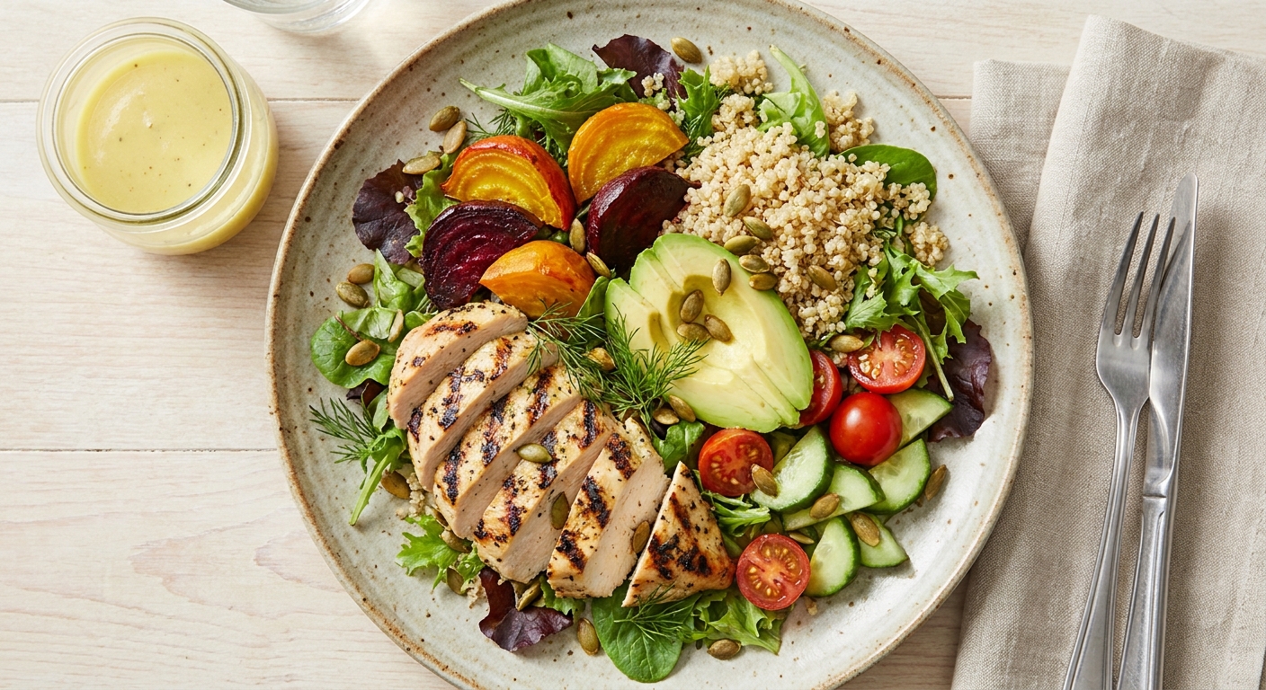 Grilled Lemon-Herb Chicken Salad with Quinoa, Roasted Beets & Avocado
