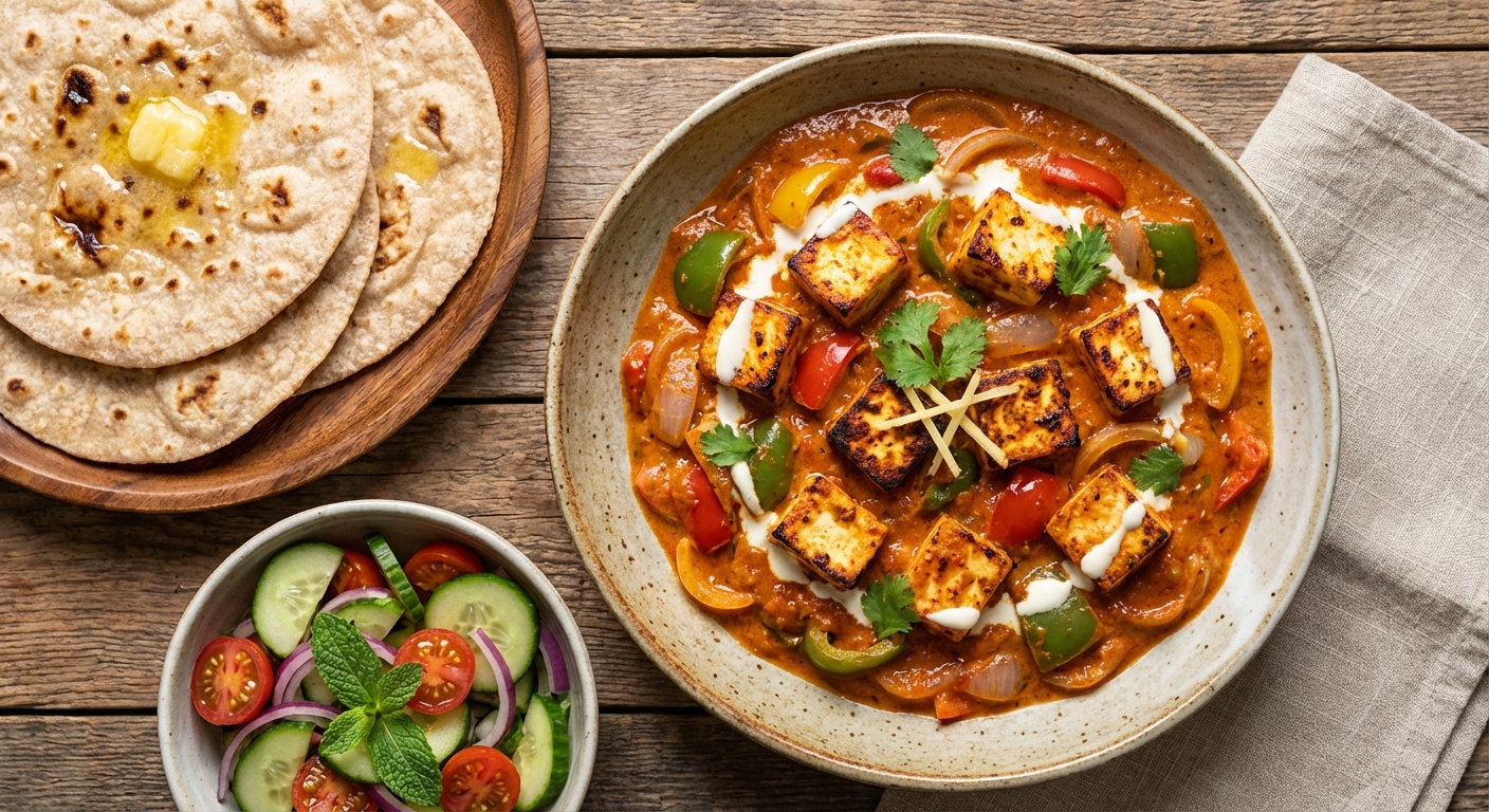 Paneer Tikka Masala with Whole-Wheat Rotis and Mixed Salad