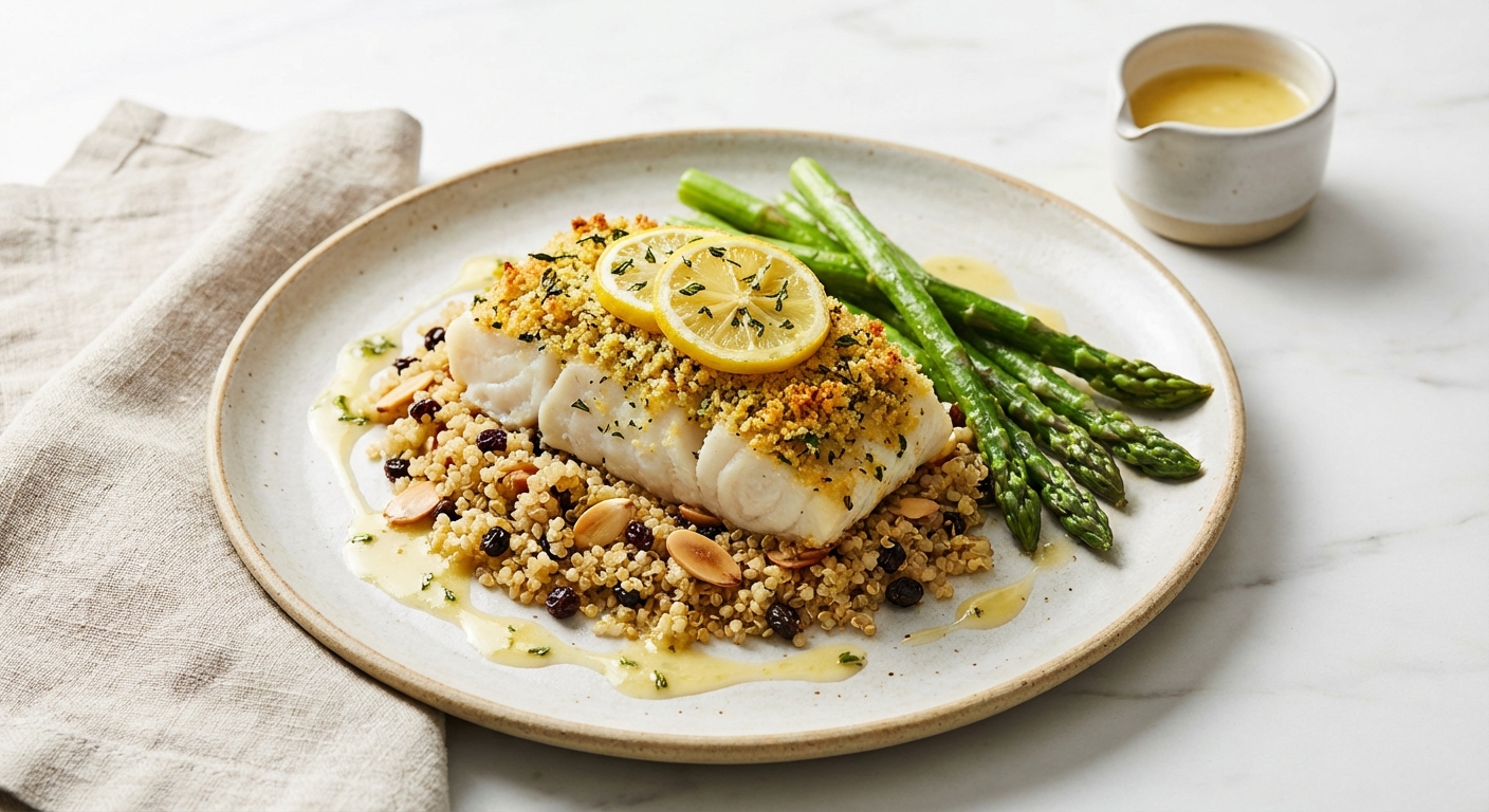 Baked Cod with Lemon, Quinoa Pilaf & Steamed Asparagus