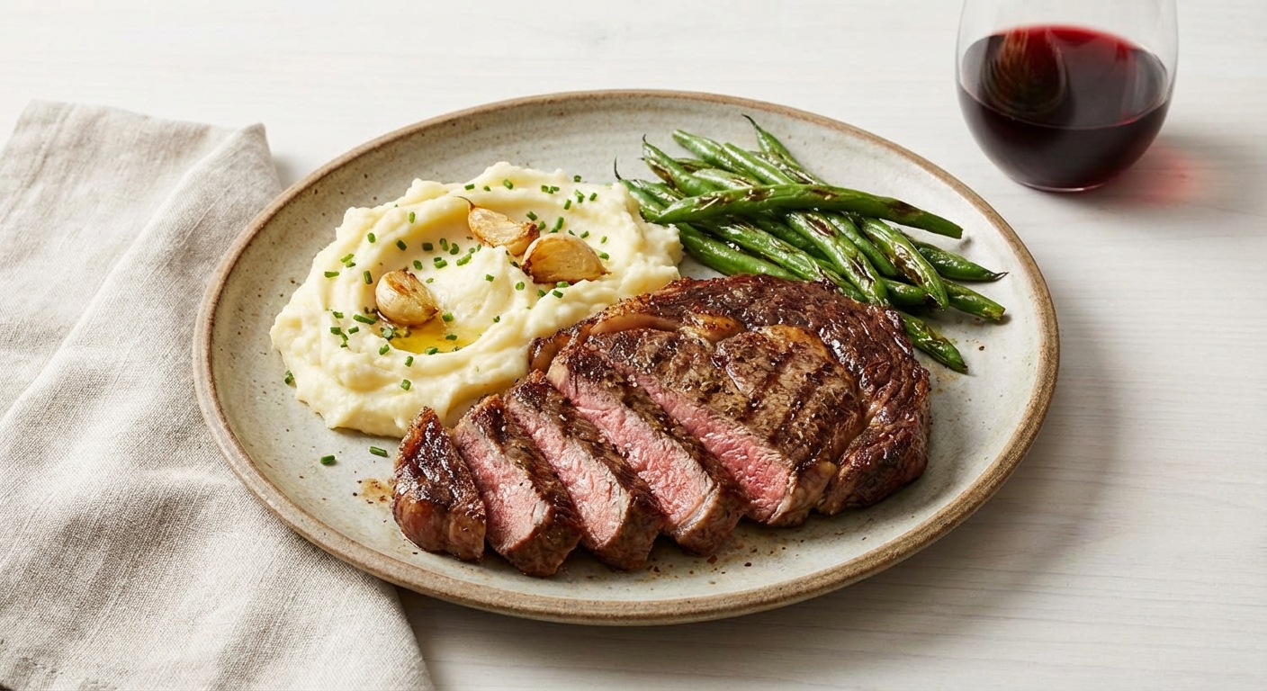 Grilled Steak with Garlic Mashed Potatoes & Green Beans