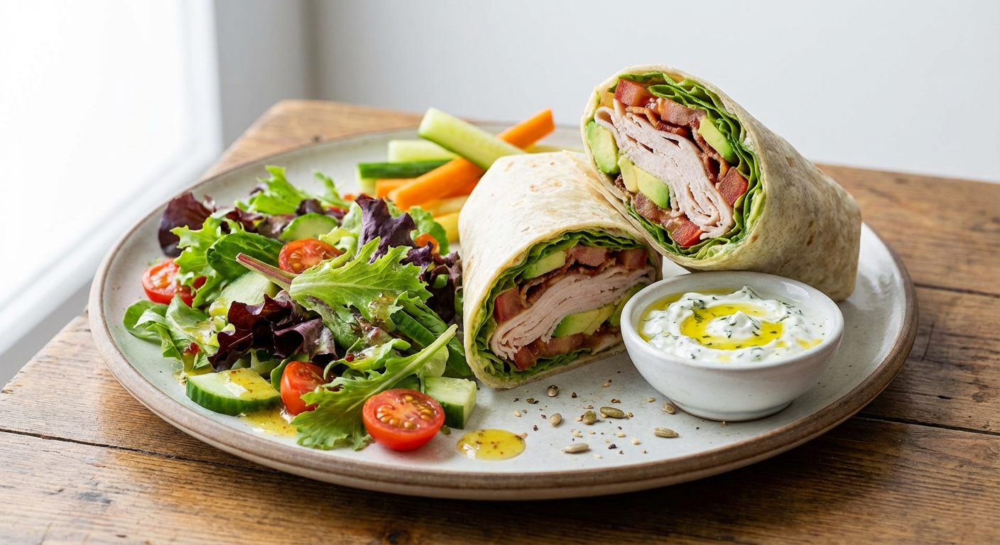 Turkey & Avocado Wrap with Side Salad and Greek Yogurt Dip