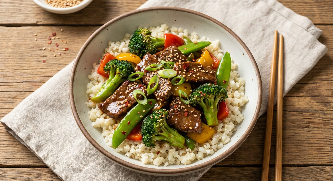 Ginger-Sesame Beef Stir-Fry with Broccoli over Cauliflower Rice