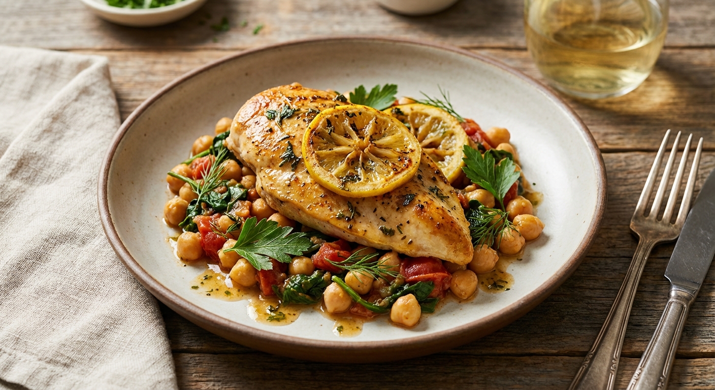 Pan-Seared Lemon-Garlic Chicken with Herbed Chickpea & Spinach Ragout