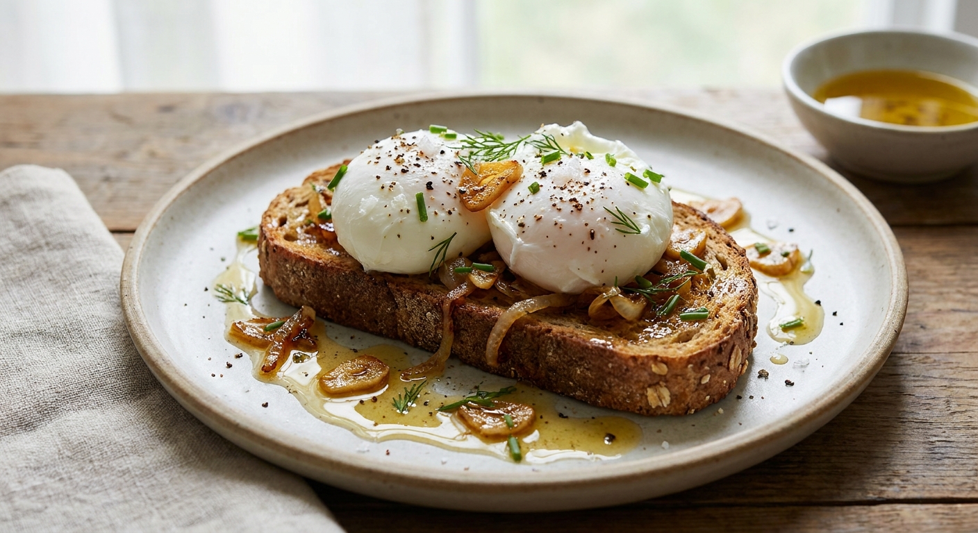 Poached Eggs on Whole-Grain Toast with Warm Garlic-Onion Oil