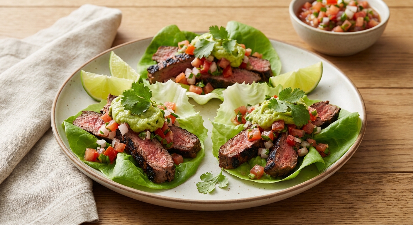 Chipotle-Lime Grilled Steak Lettuce Tacos with Fresh Pico & Creamy Guacamole