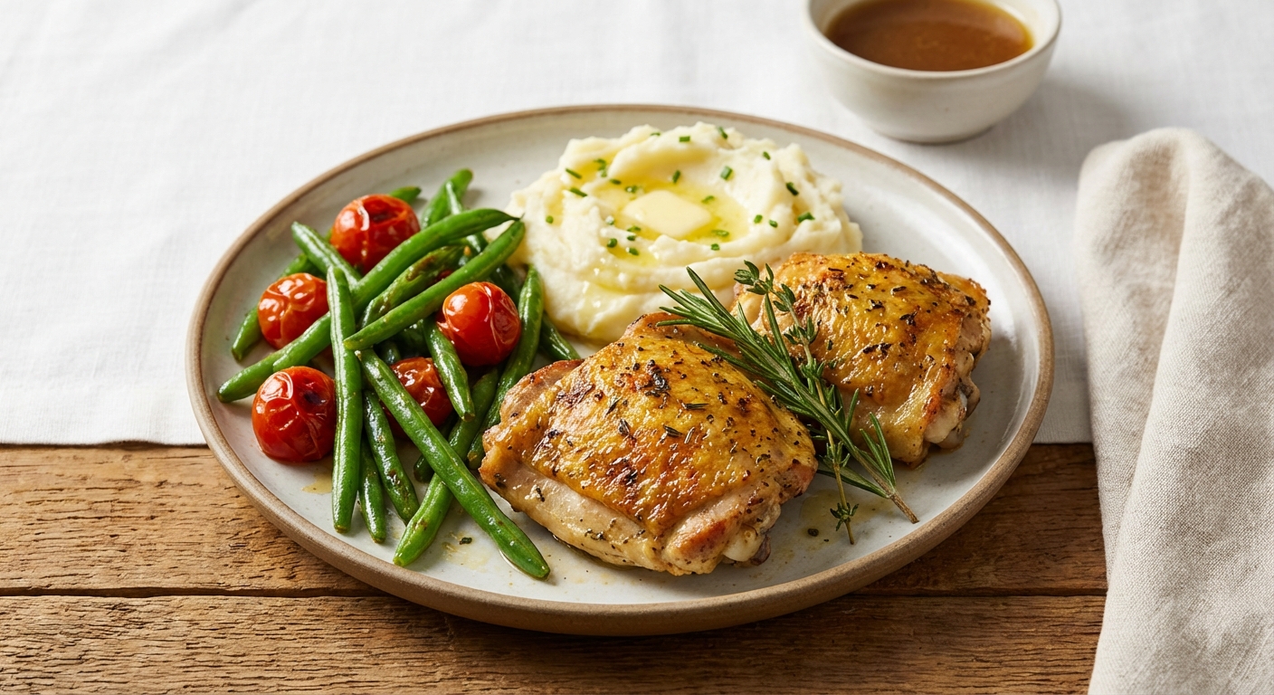 Herb-Roasted Chicken Thighs with Garlic Mashed Potatoes & Sautéed Green Beans