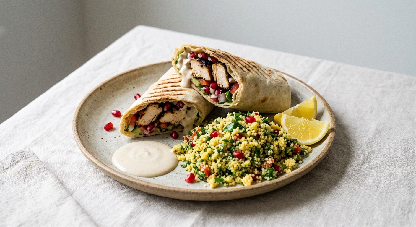 Quick Grilled Chicken Shawarma Wrap with Fast Couscous Tabbouleh