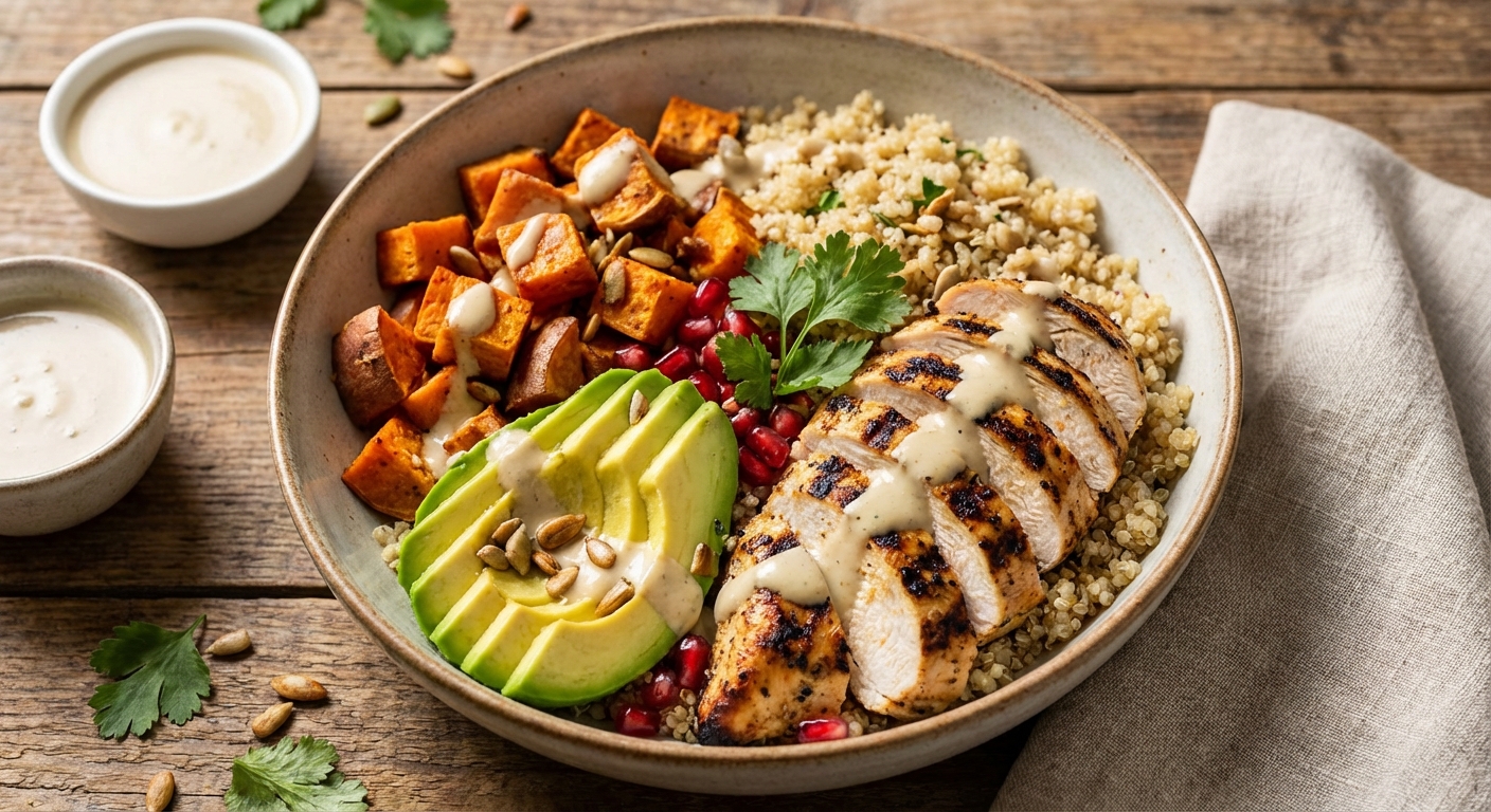 Grilled Chicken & Quinoa Bowl with Roasted Sweet Potato, Avocado & Tahini-Lemon Dressing