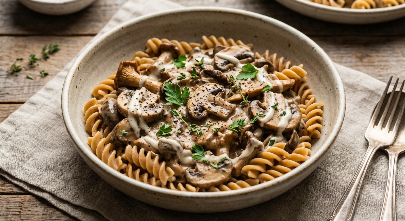 Creamy Mushroom Stroganoff with Whole Wheat Pasta (Cashew-Based)