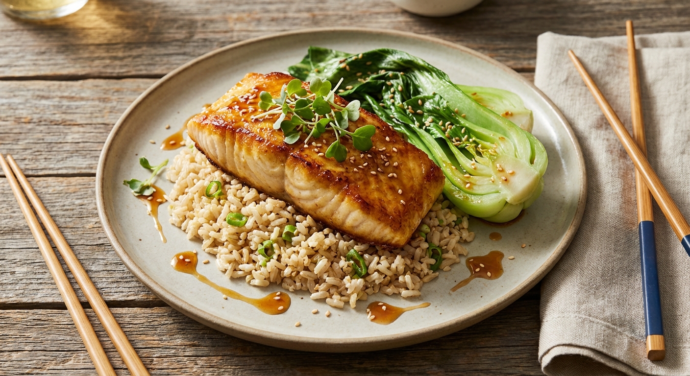 Miso‑Maple Pan‑Seared Sea Bass with Scallion Brown Rice & Steamed Sesame Bok Choy