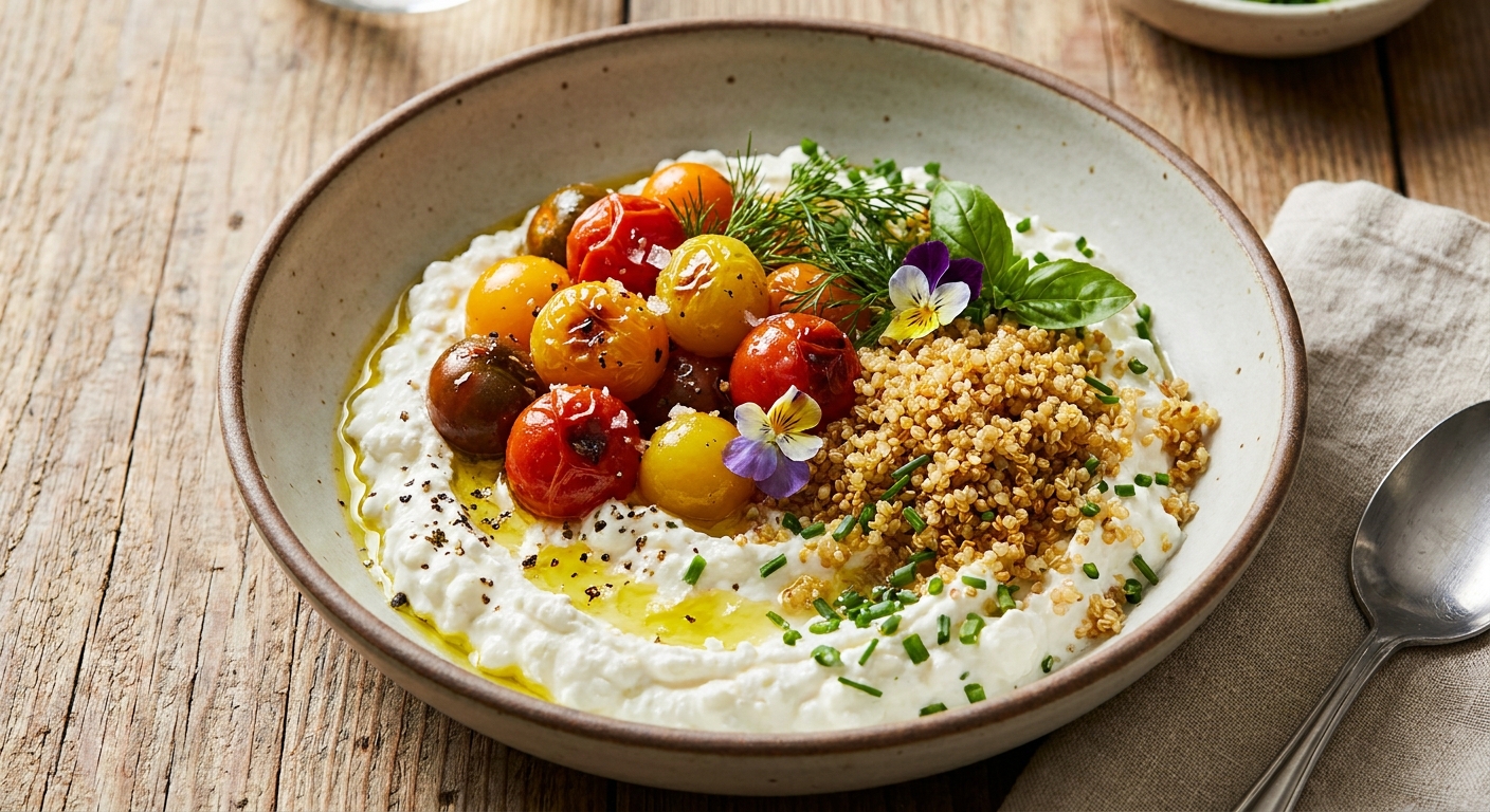 Cottage Cheese & Herb Savory Bowl with Cherry Tomatoes and Toasted Quinoa