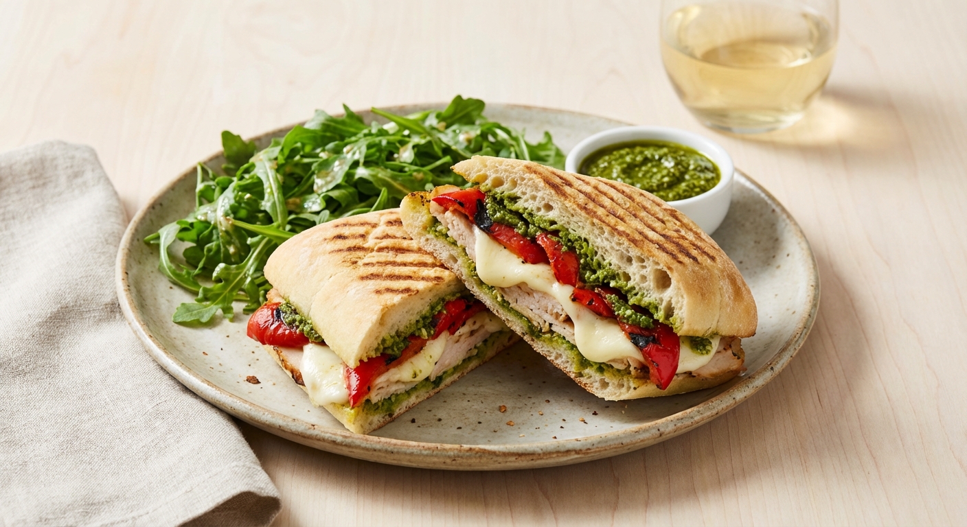 Turkey & Fresh Mozzarella Panini with Roasted Red Peppers and Pesto - Delicious Homemade Recipe