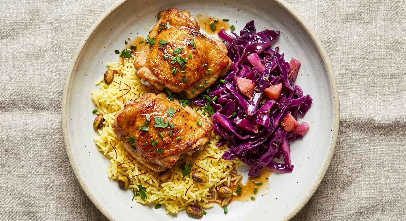 Pan-Roasted Chicken Thighs with Saffron Basmati Rice & Quick Braised Red Cabbage