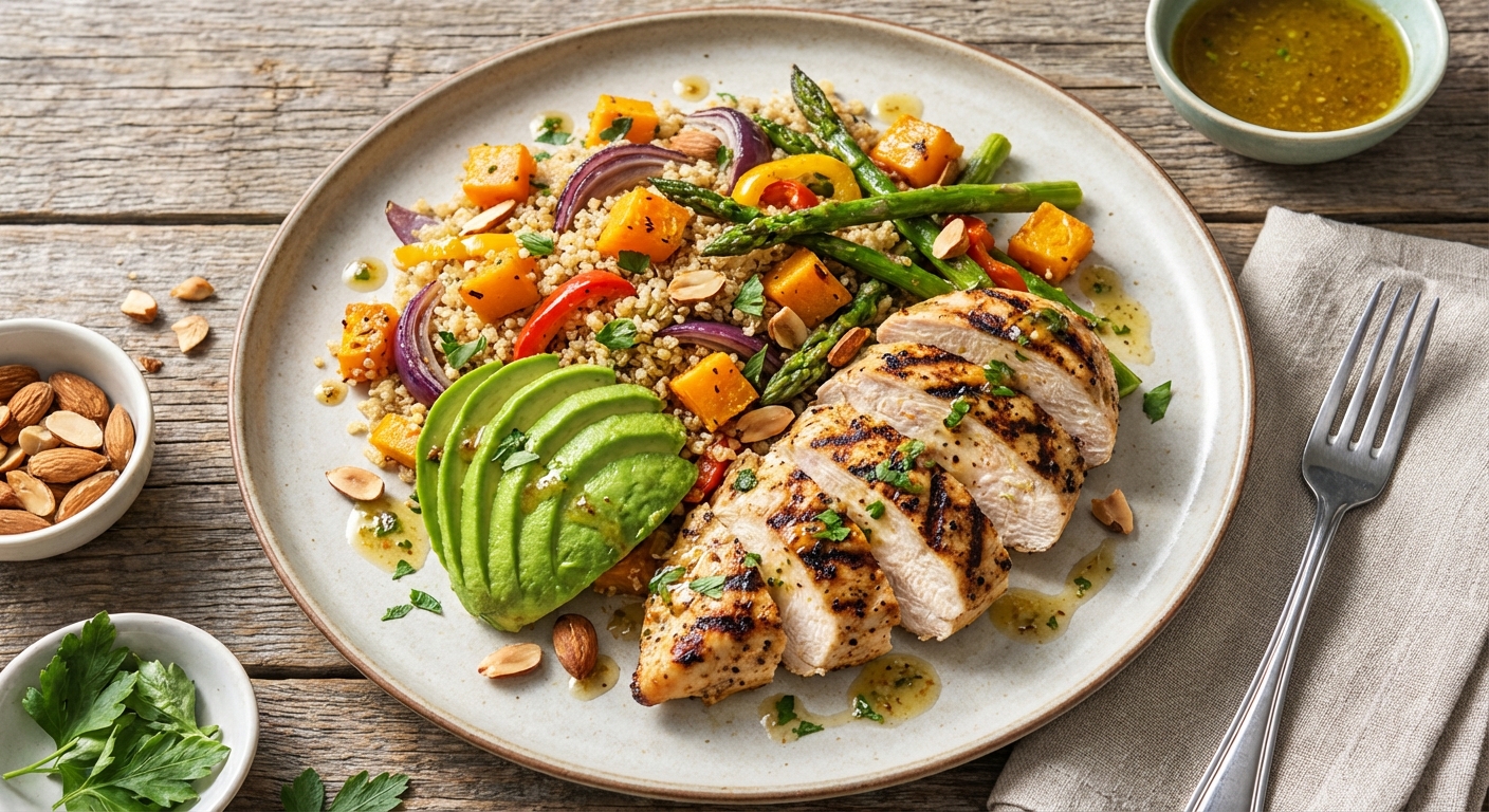 Grilled Chicken & Quinoa Salad with Roasted Veggies & Avocado
