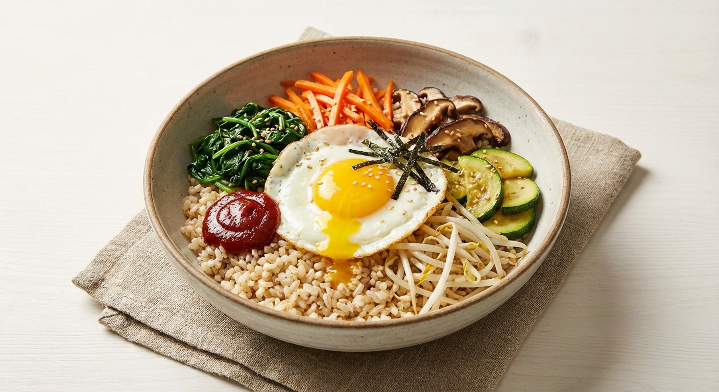 Vegetarian Bibimbap with Brown Rice, Sautéed Veg & Fried Egg
