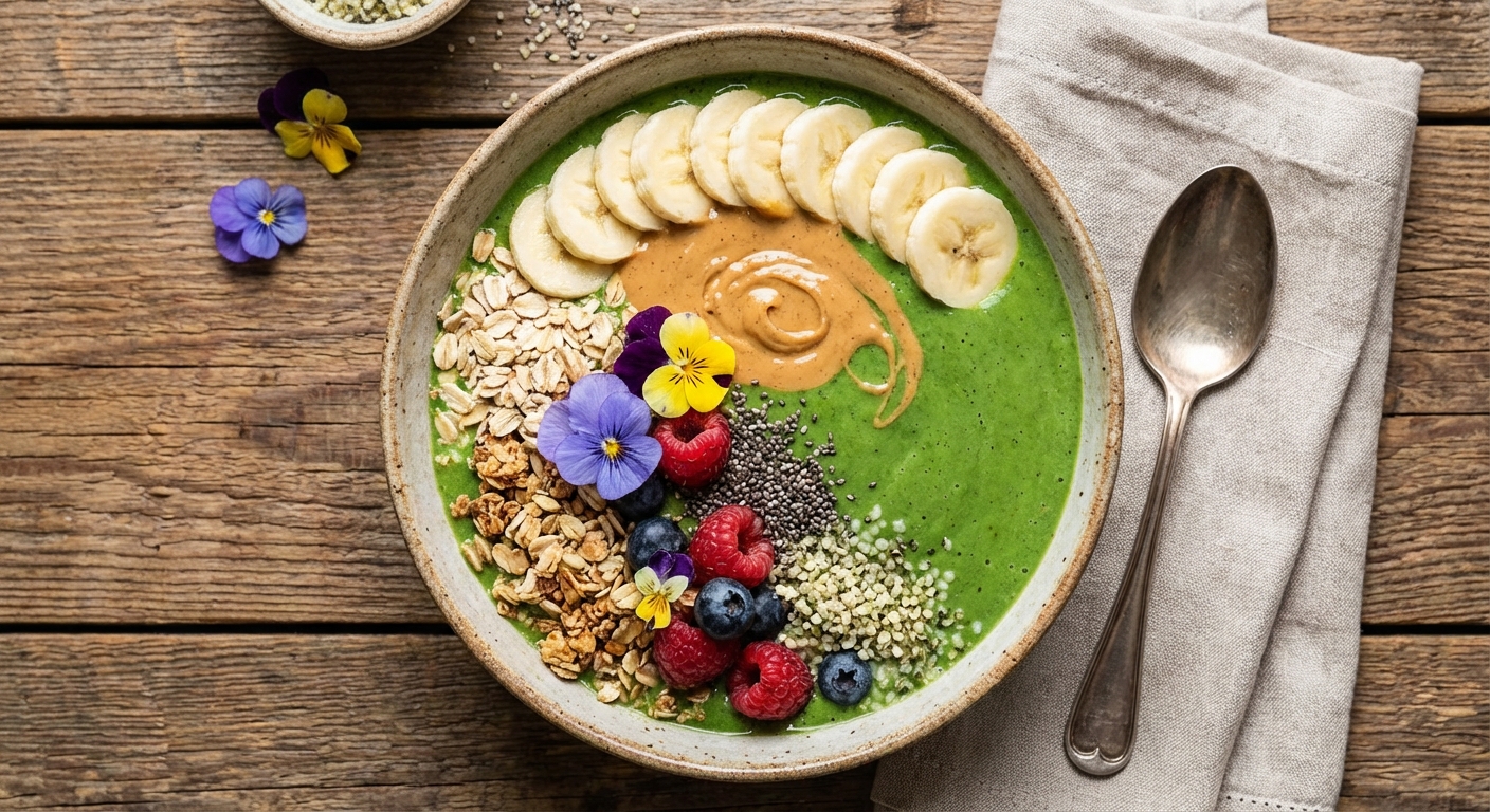 Green Smoothie Bowl with Spinach, Banana, Peanut Butter & Oats