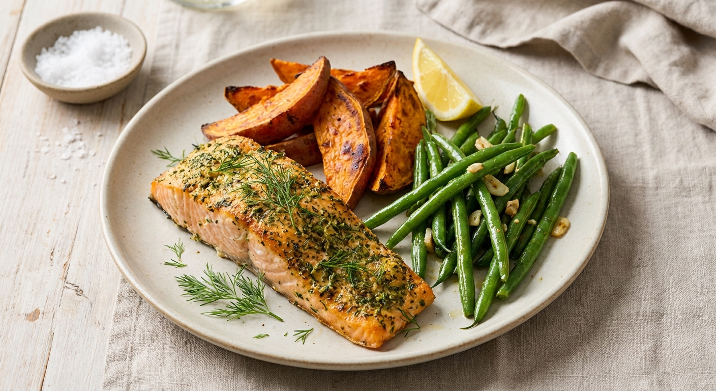 Herb-Crusted Baked Salmon with Roasted Sweet Potato & Sautéed Green Beans