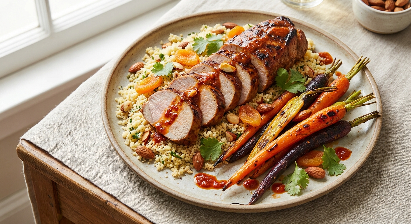 Harissa‑Apricot Roasted Pork Tenderloin with Toasted Almond Couscous & Charred Spring Carrots