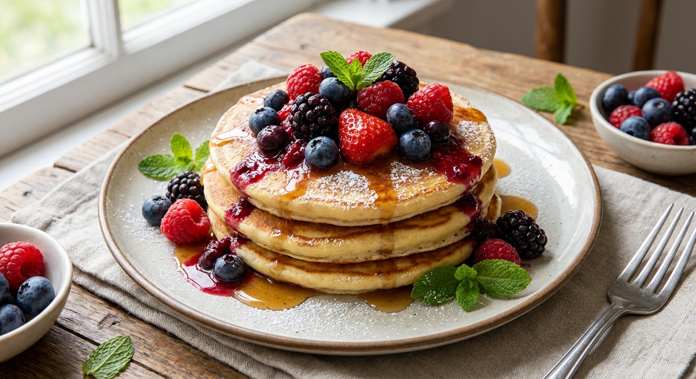 Two-Ingredient Banana & Egg Pancakes with Warm Mixed Berries
