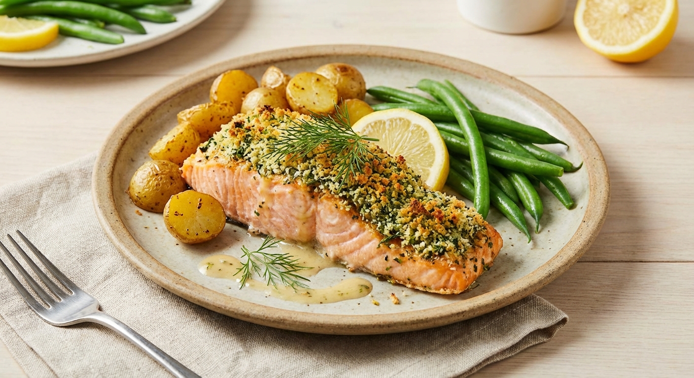 Baked Herb-Crusted Salmon with Garlic-Roasted Baby Potatoes & Steamed Green Beans