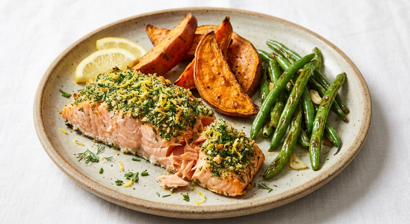 Herb-Crusted Baked Salmon with Roasted Sweet Potatoes and Sautéed Green Beans