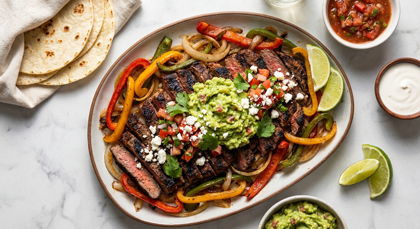 Steak Fajitas with Peppers, Onions & Guacamole