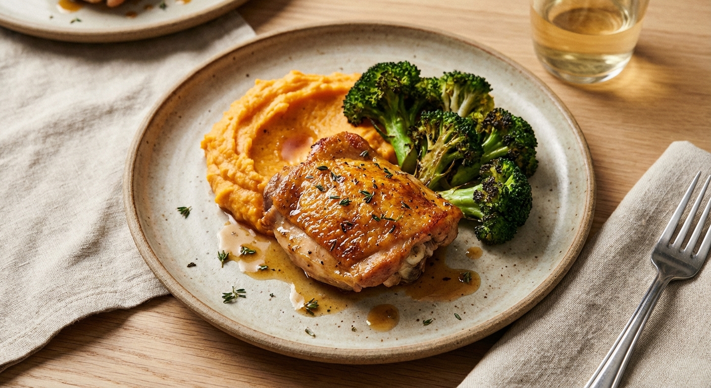 Roast Chicken Thigh with Sweet Potato Mash & Broccoli