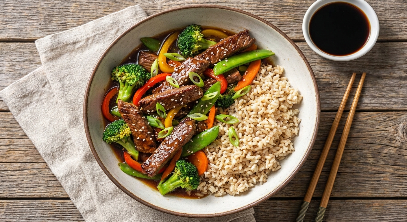 Soy‑Ginger Beef & Vegetable Stir‑Fry with Nutty Brown Rice