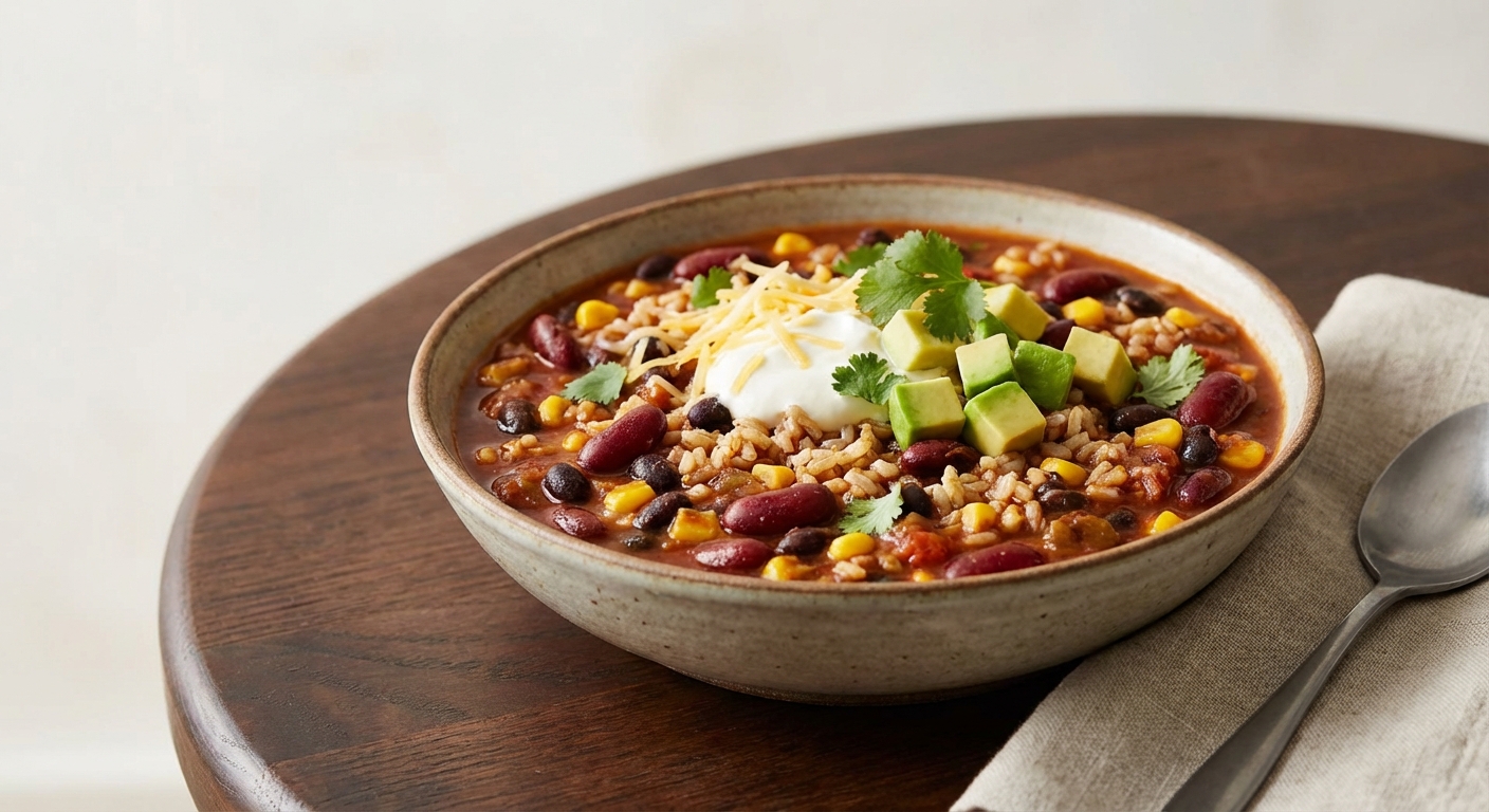 Hearty Vegetarian Chili with Beans, Corn & Brown Rice