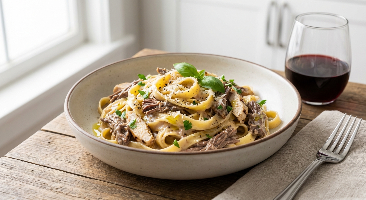 Homemade Fettuccine with Creamy Chicken and Beef Sauce